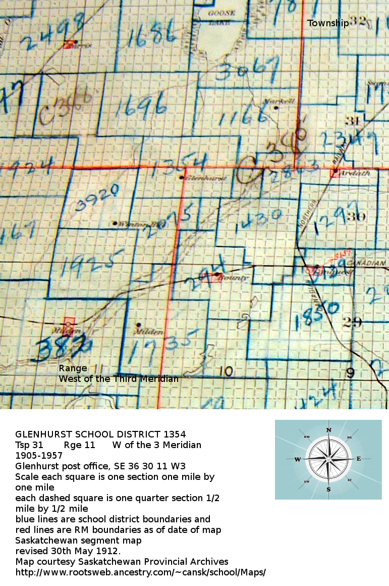 GLENHURST SCHOOL DISTRICT 1354, 1905-1957, Glenhurst post office, SE 36 30 11 W3,  Saskatchewan, school, hall,  , Saskatchewan