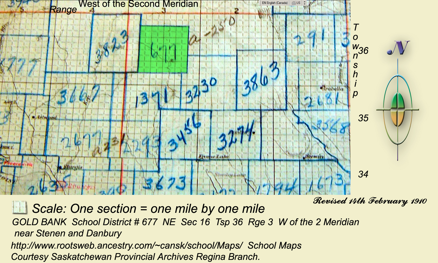 Map of GOLD BANK 	School District # 677 	NE 	Sec 16 	Tsp 36 	Rge 3 	W of the 2 Meridian near	Stenen Location 	9-34-3-W2Province 	Saskatchewan, Latitude - Longitude (DMS) 	51 53' 58'' N, 102 22' 43'' W,  Latitude - Longitude (decimal) 	51.8993639, -102.3787333 and Danbury Location 	36-2-W2,Provinc 	Saskatchewan, Latitude - Longitude (DMS) 	52 3' 0'' N, 102 15' 2'' W,  Latitude - Longitude (decimal) 	52.0499903, -102.2504657,   Saskatchewan Gen Web, Saskatchewan One room School Project   