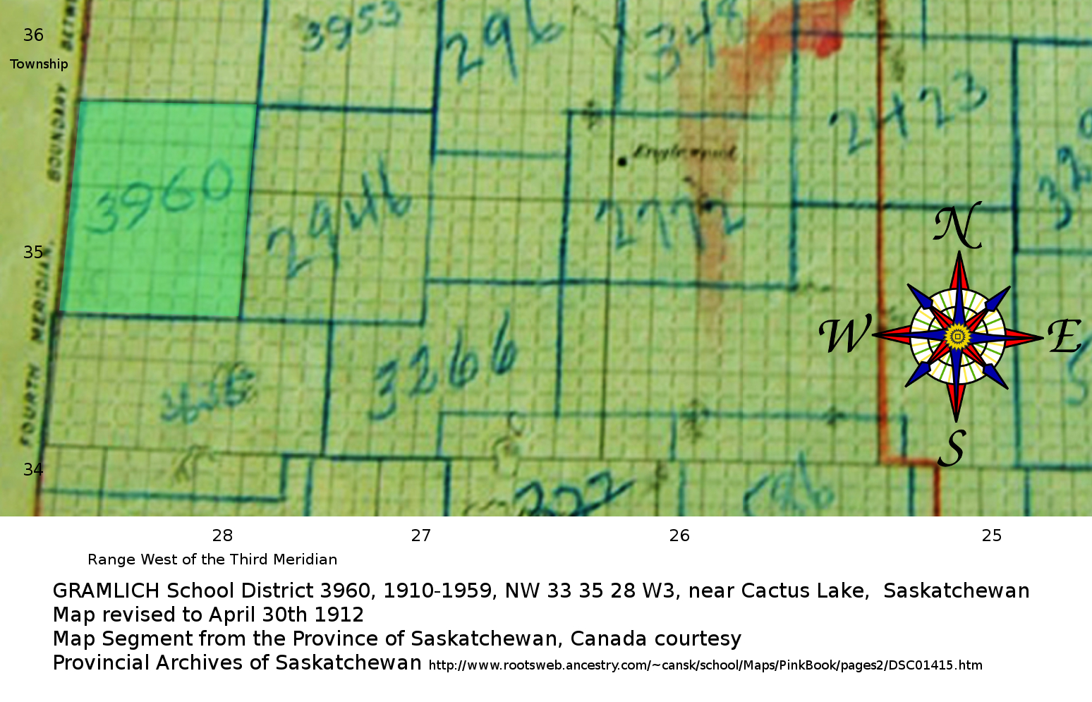  GRAMLICH School District 3960, 1918-1959, NW 33 35 28 W3, near Cactus Lake,  Saskatchewan,  