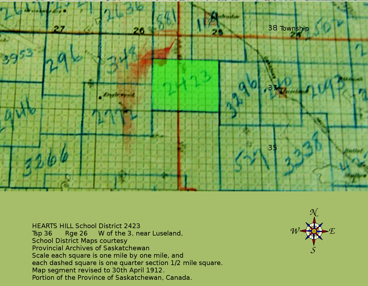  HEARTS HILL School District 2423, 		Tsp 36 	Rge 26 	W of the 3, near Luseland, Saskatchewan,  