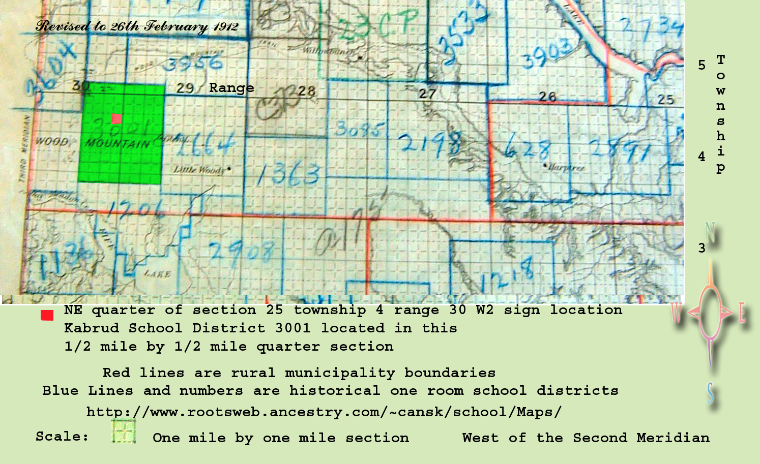 Kabrud School District 3001,1921-1955,  North east section 25 township 4 range 30 west of the second meridian, near Kabrud Lake southwest section 29 township 4 range 29 west of the second meridian, near Lisieux south east quarter of section 9 township 4 range 30 west of the second meridian,   