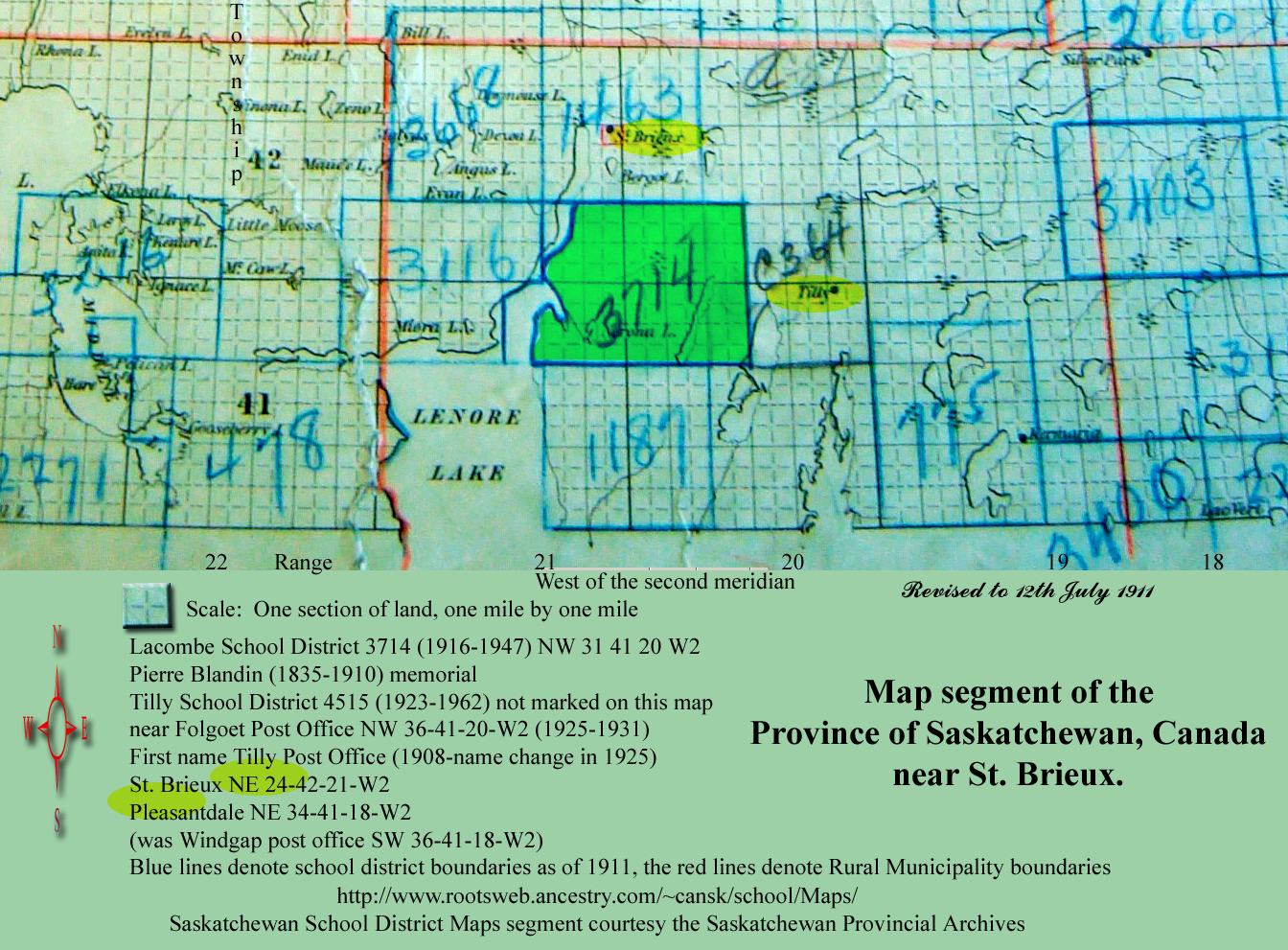 Lacombe School District 3714, 1916-1947, NW 31-41-20 W2, South of St. Brieux, west of Pleasantdale, Pierre Blandin Memorial, Tilly School District 4515, 1923-1962, Folgoet NW 36 41 20 W2, Tilly, St. Brieux NE 24 42 21 W2, Pleasantdale NE 34 41 18 W2, Windgap SW 36 41 18 W2, Kermaria SW 16 41 19 W2,  CA,  