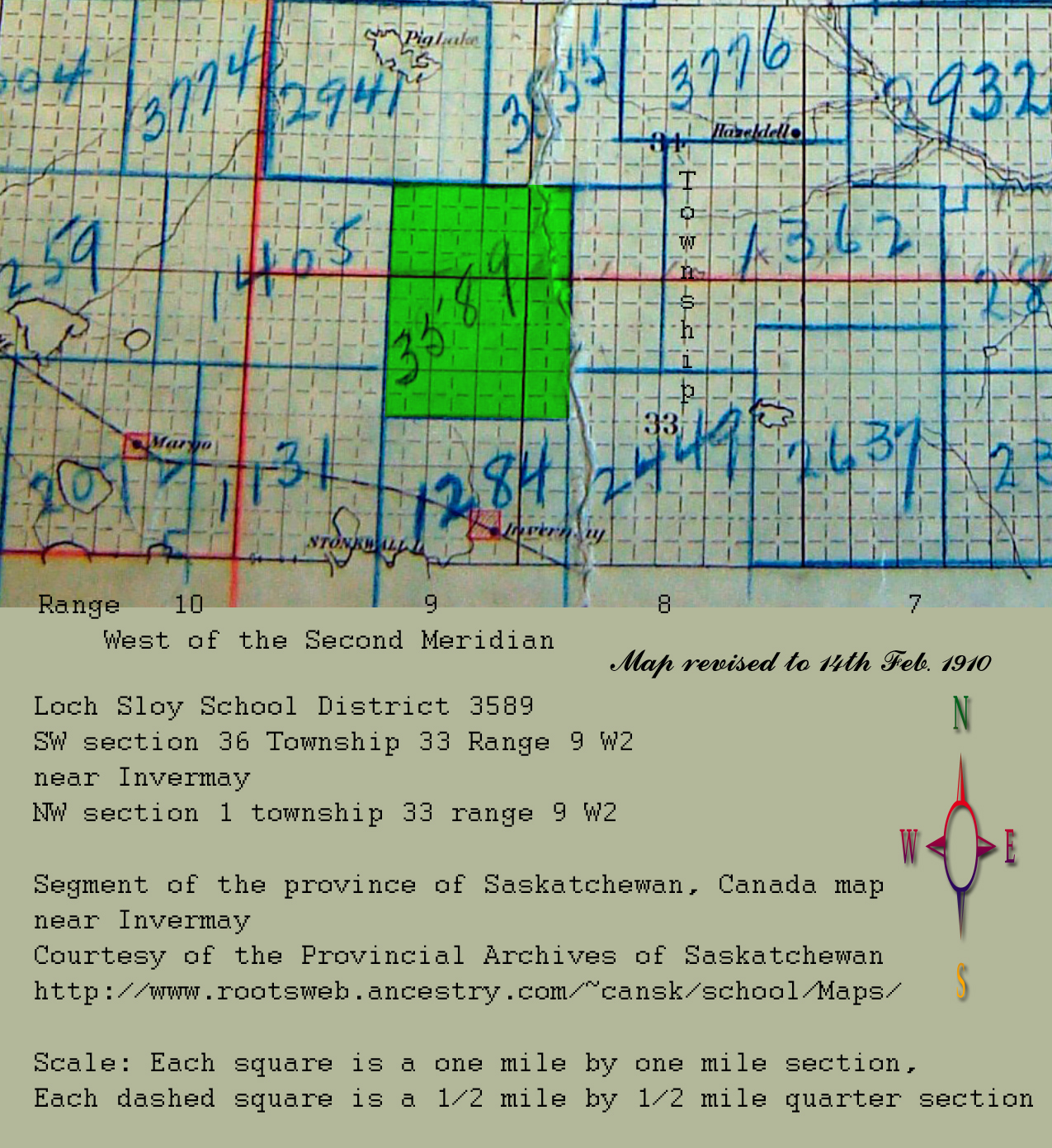 Loch Sloy School District 3589, South West section 36 Township 33 Range 9 west of the second meridian, near Invermay North west section 1 township 33 range 9 west of the second meridian, 1916-1963, N 51 52' 25.3'', W 103 09' 51.6'' 