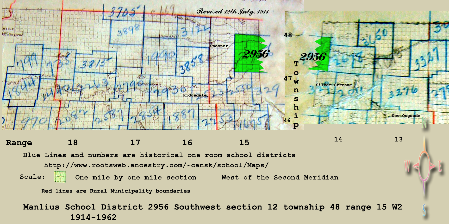 Manlius School District 2956, south west section 12 Township 48 Range 15 West of the Second Meridian, 1914-1962, near Armley, north east section 6 township 48 range 14 west of the second meridian, map