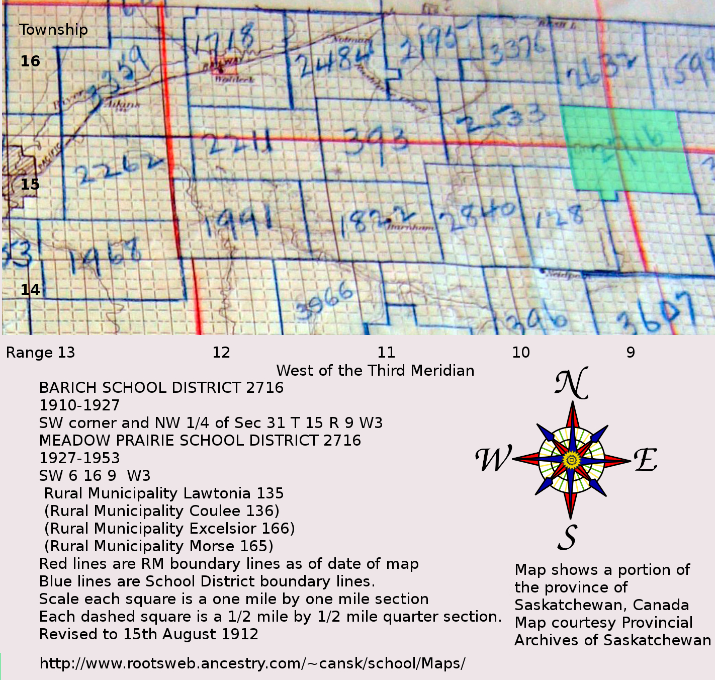 BARICH SCHOOL DISTRICT 2716, 1910-1927,   SW corner and NW 1/4 of Sec 31 T 15 R 9 W3, Near Grid Road 612  (2.9 km E), Rural Municipality of Lawtonia #135, SK,  Morse, SK MEADOW PRAIRIE SCHOOL DISTRICT 2716, sw 6 16 9  w3, Near Grid Road 612 (3.0 km ESE), Township Road 160     Range Road 3100, Latitude & Longitude  50.313636     -107.236379, Latitude & Longitude  50 18.818' N     107 14.183' W, Latitude & Longitude  50 18' 49.09'' N     107 14' 10.96'' W, 1927-1953,  Rural Municipality Lawtonia 135 , Rural Municipality Coulee 136, Rural Municipality Excelsior 166, Rural Municipality Morse 165,   