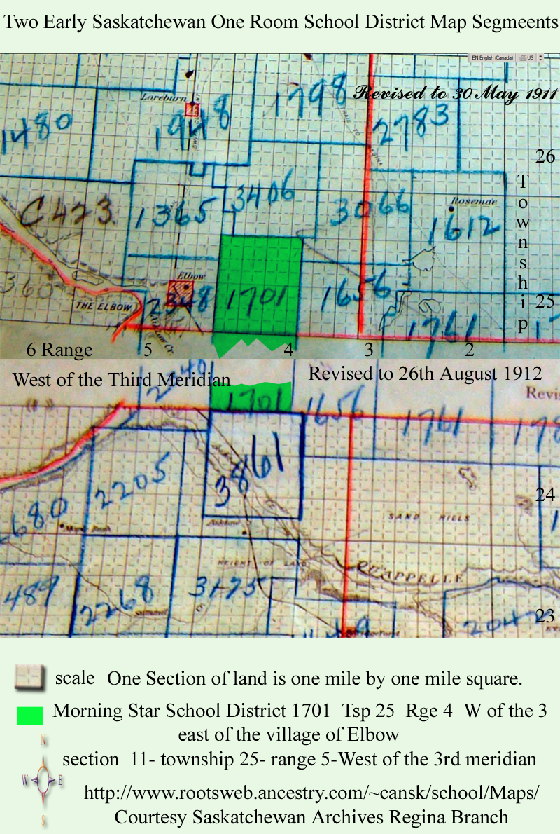 Morning Star School District 1701,	Tsp 25 	Rge 4 	W of the 3 Meridian, village of Elbow was located at section 	11- township 25- range 5-West of the 3rd meridian,Latitude - Longitude (DMS) 	51 7' 18'' N, 106 35' 52'' W,Latitude - Longitude (decimal), 	51.1216333, -106.597647   