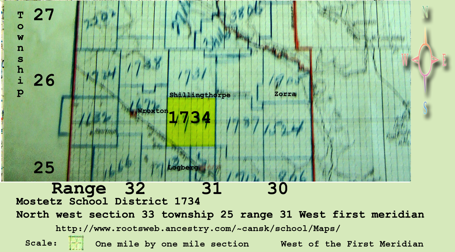 Mostetz School District 1734, north west section 33 township 25 range 31 west of the first meridian, 1906-1960, north of Calder, south west section 15 township 25 range 31 west of the first meridian