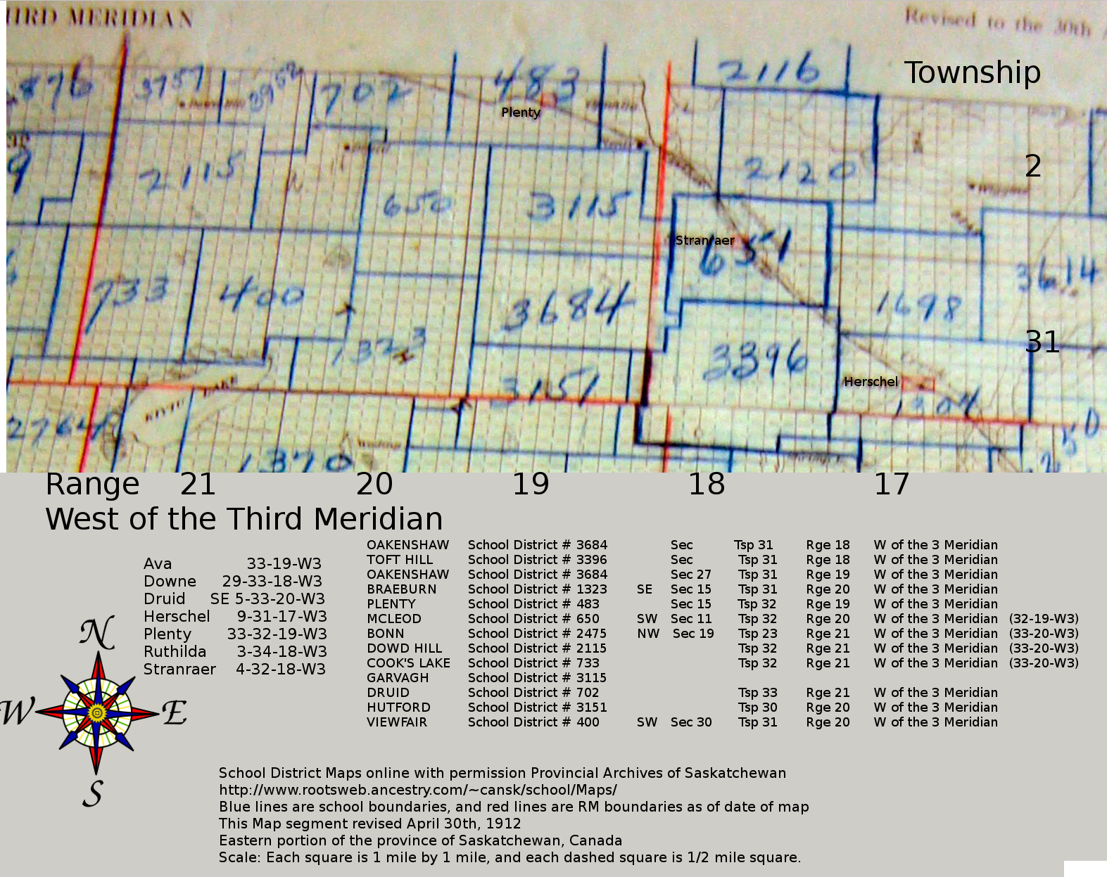 Mystery School District, 51  degrees  37'10.9N 108  degrees  37'46.4W
51.619694, -108.629556 , Township 31 Range 19 West of the Third Meridian, 31-19-W3,  