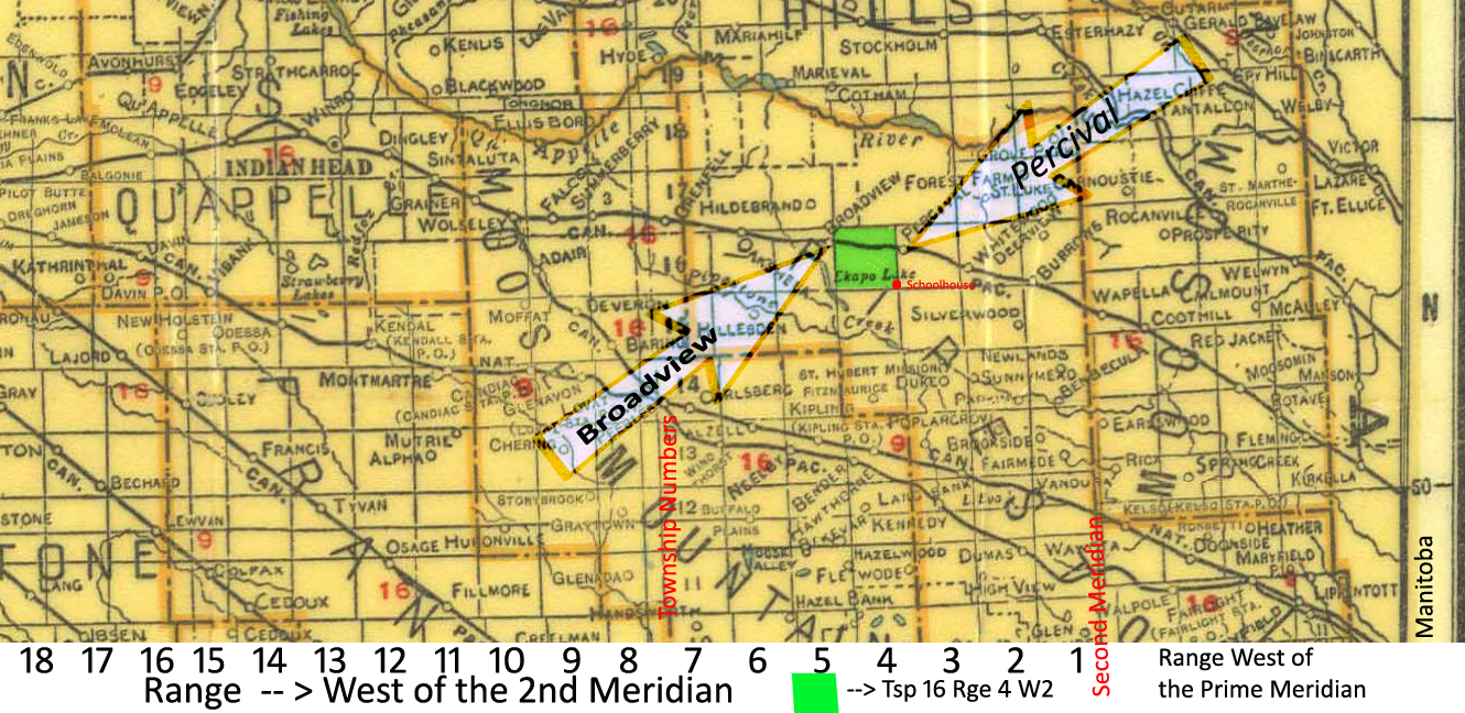 Newborgor School District 2657 MAp, New Borgor School District 2657, SE section 1 township 16 range 4 west of the second meridian, Percival, Broadview, Whitewood,- Saskatchewan Gen Web - One room School Project