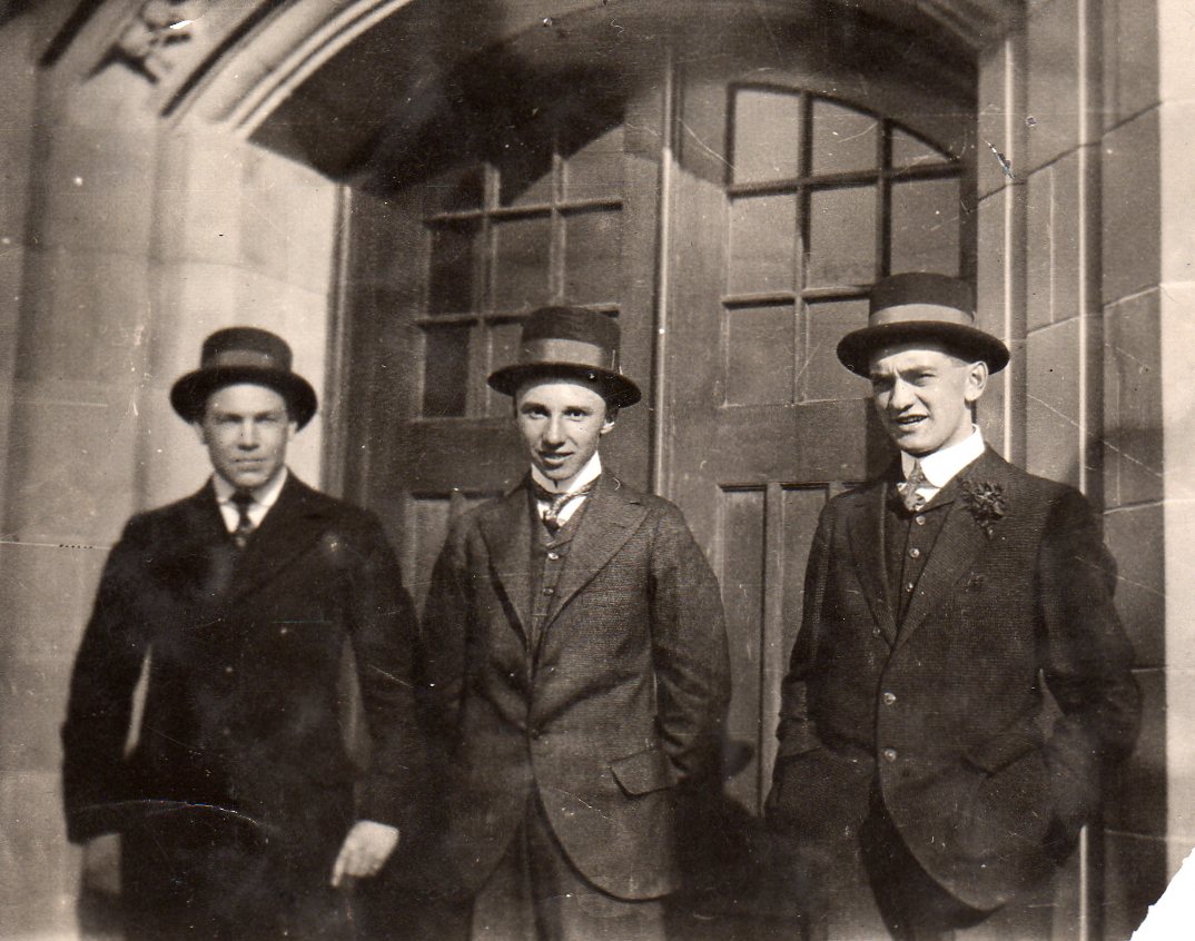 A photo of three men attending Normal School in 1915, only labelled Allan Jordanbut which of two men?  Bill Janzen is on the right. Sandra Janzen 