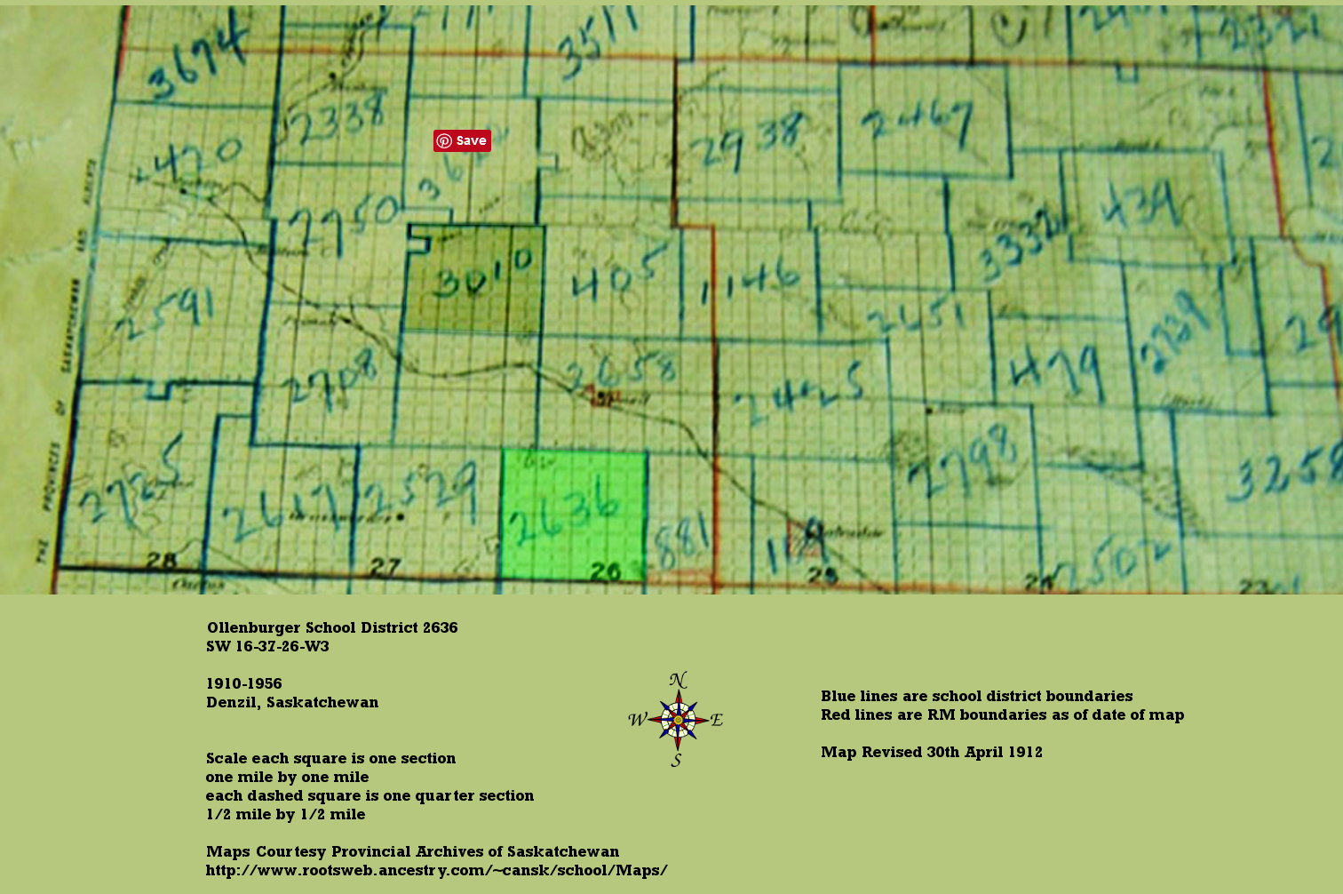 Ollenburger school district 2636 Map, SW 16-37-26-W3, 1910-1956, Denzil, Saskatchewan, 