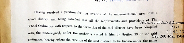Saskatchewan One Room School House Orders Issued by the Commissioner of Education. Province of Saskatchewan, Canada. Sept 1901- May 1904