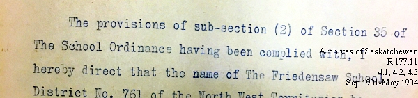 Saskatchewan One Room School House Orders Issued by the Commissioner of Education. Province of Saskatchewan, Canada. Sept 1901- May 1904