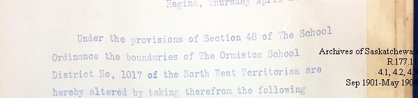 Saskatchewan One Room School House Orders Issued by the Commissioner of Education. Province of Saskatchewan, Canada. Sept 1901- May 1904