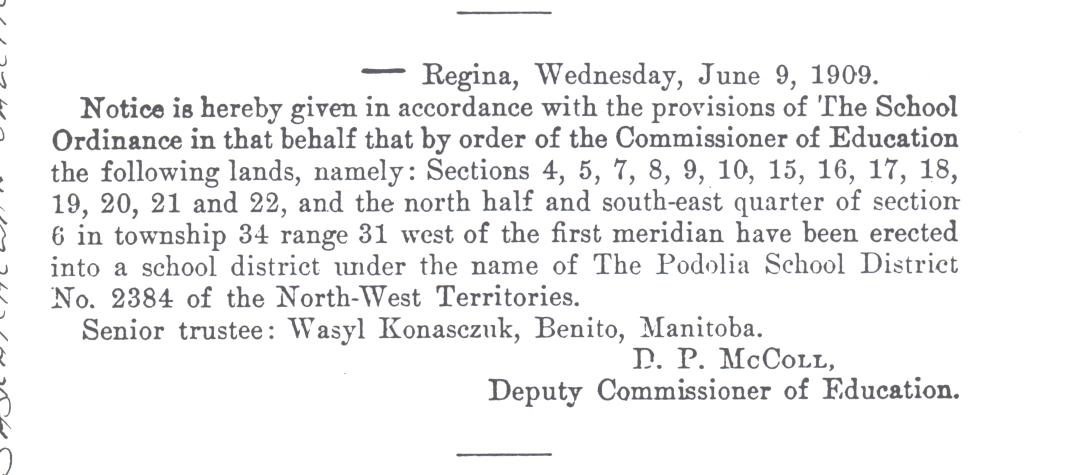 Establishment of Podolia School District 2384, Arran, Saskatchewan, Canada