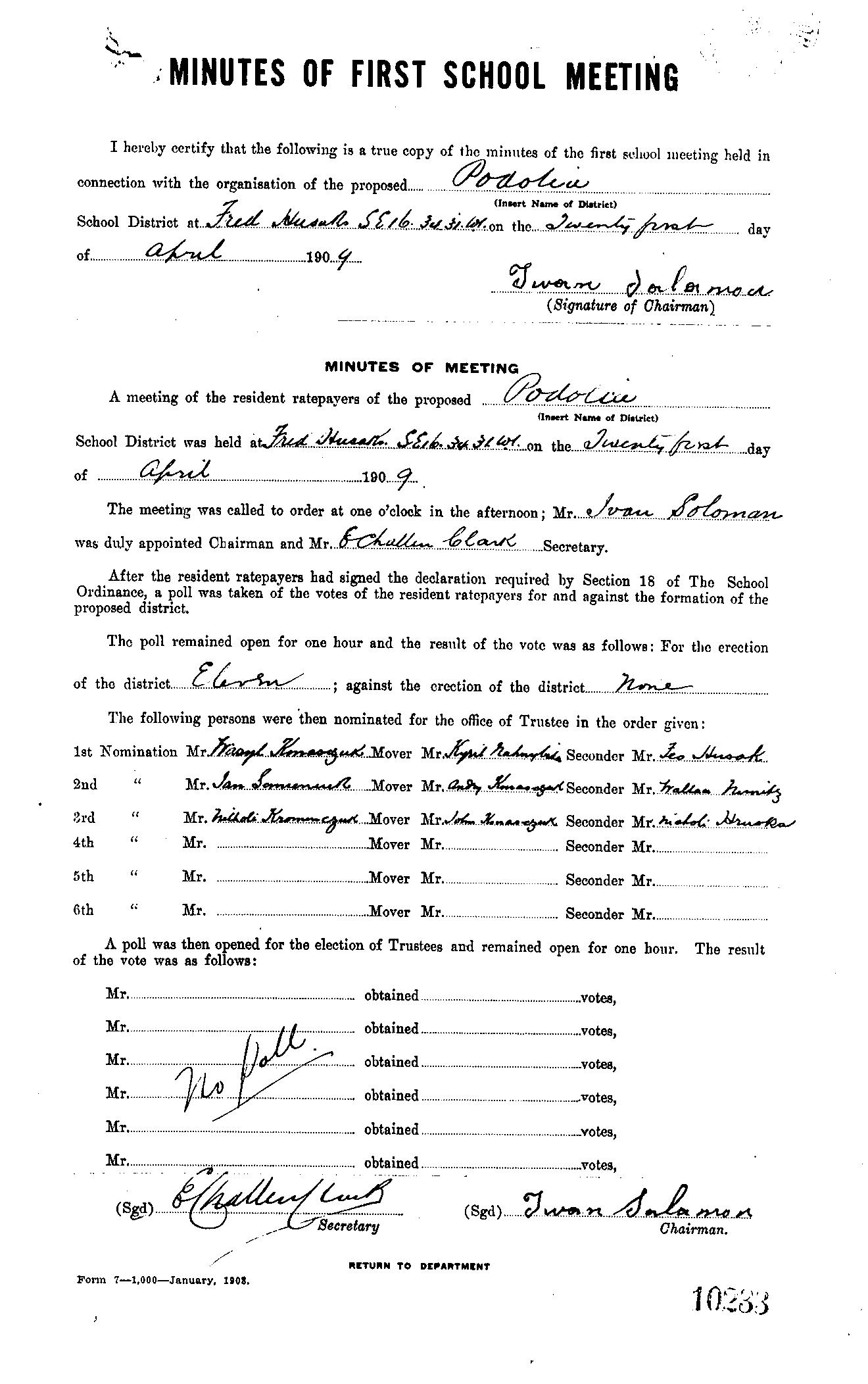 Establishment of Podolia School District 2384, Arran, Saskatchewan, Canada