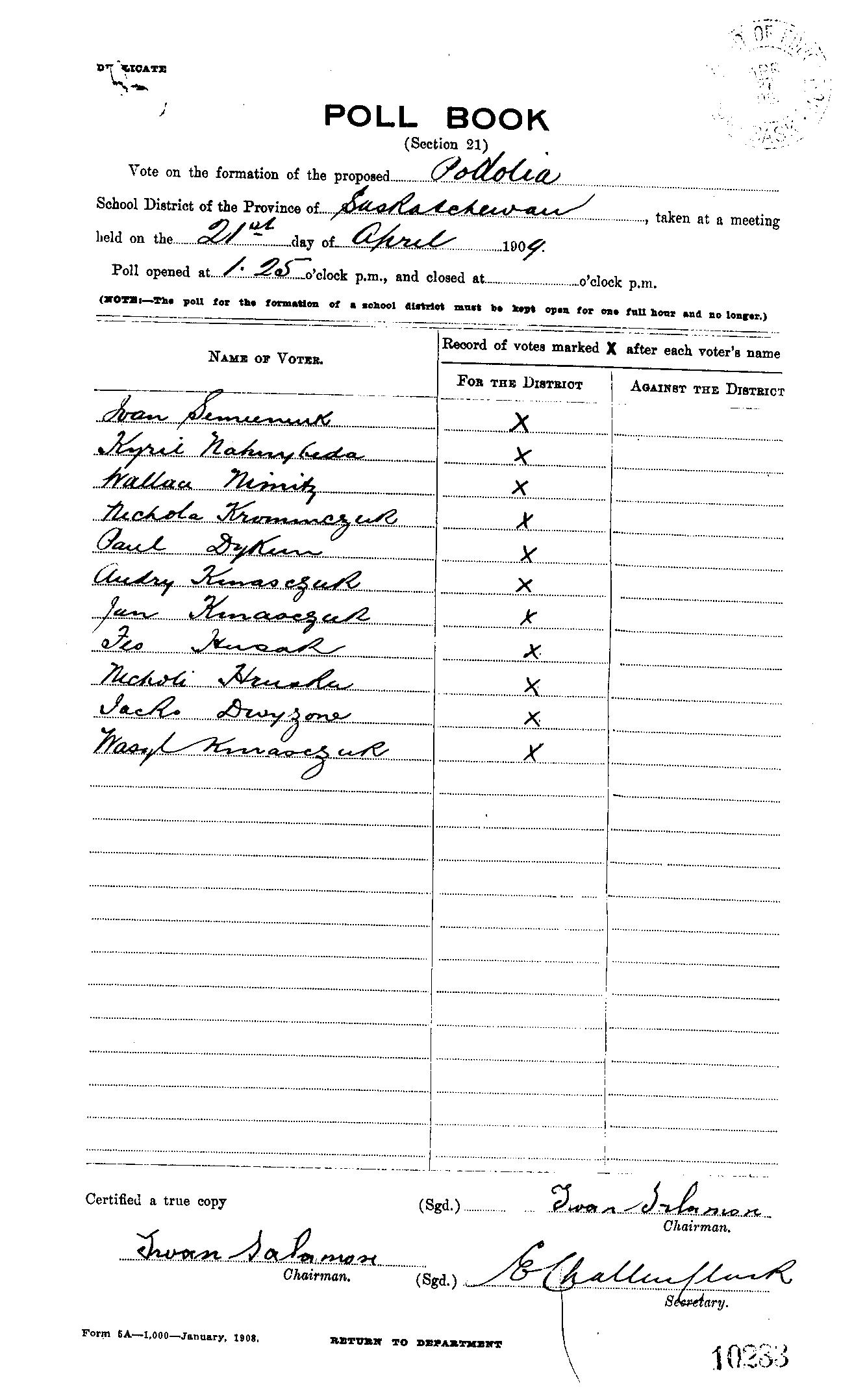 Establishment of Podolia School District 2384, Arran, Saskatchewan, Canada