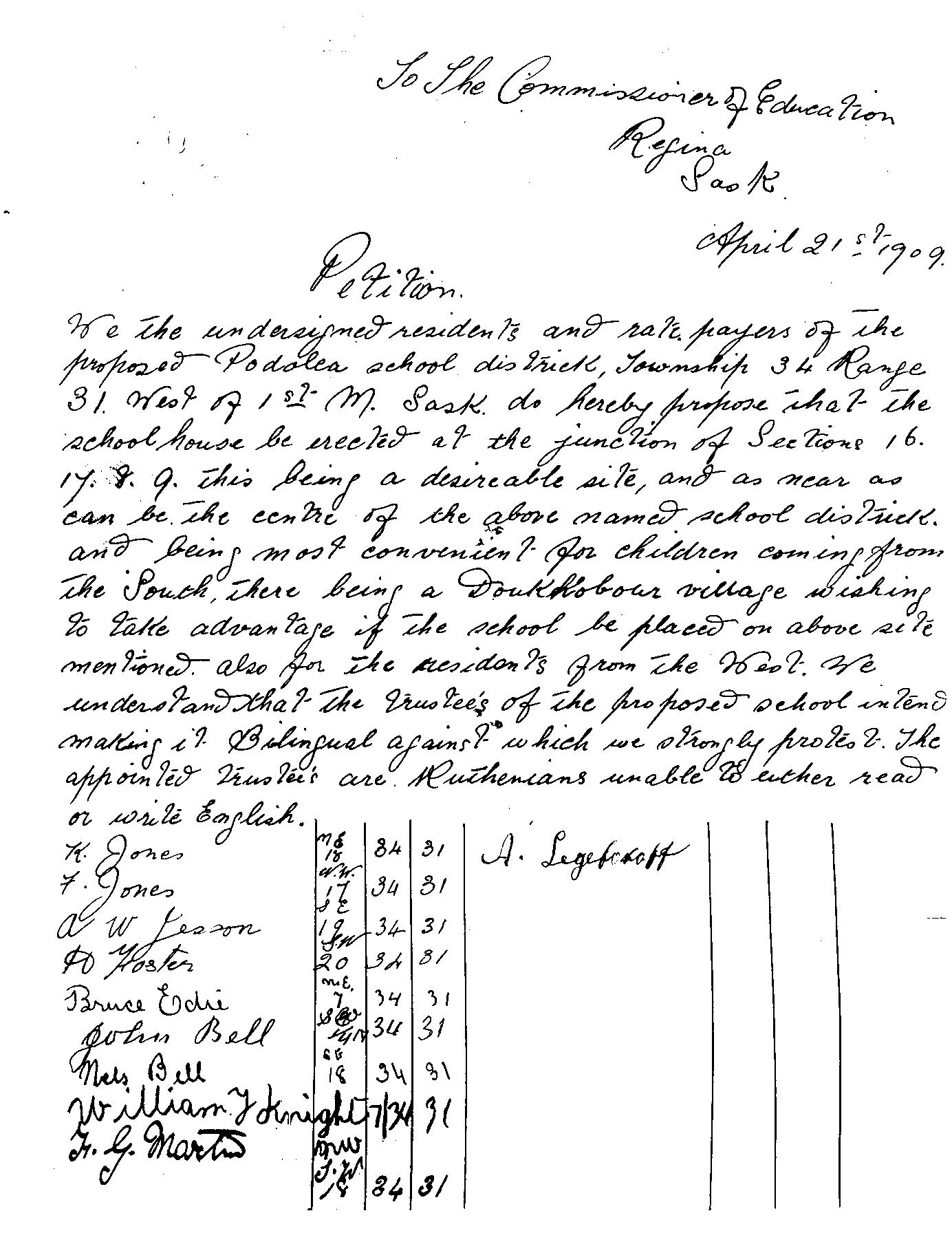 Establishment of Podolia School District 2384, Arran, Saskatchewan, Canada