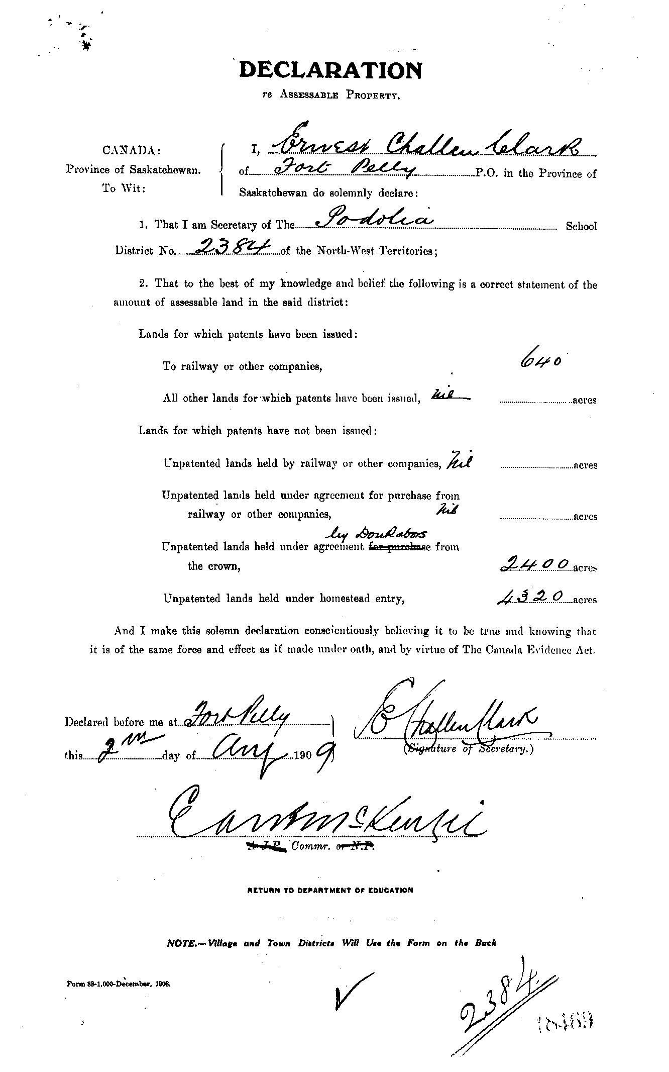 Establishment of Podolia School District 2384, Arran, Saskatchewan, Canada