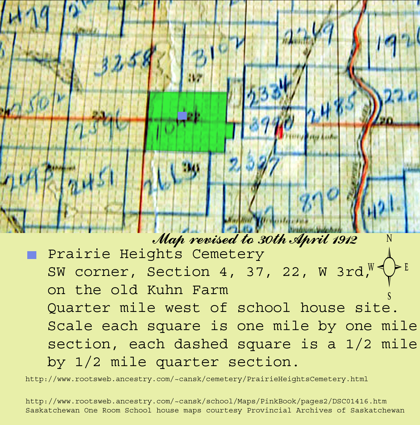 Prairie Heights School District 1041 1/4 mile west of SW quarter of section 4 township 37 range 22 west of the third meridian, and 6 miles west of Tramping Lake SW quarter section 33 township 36 range 21 west of the third meridian 