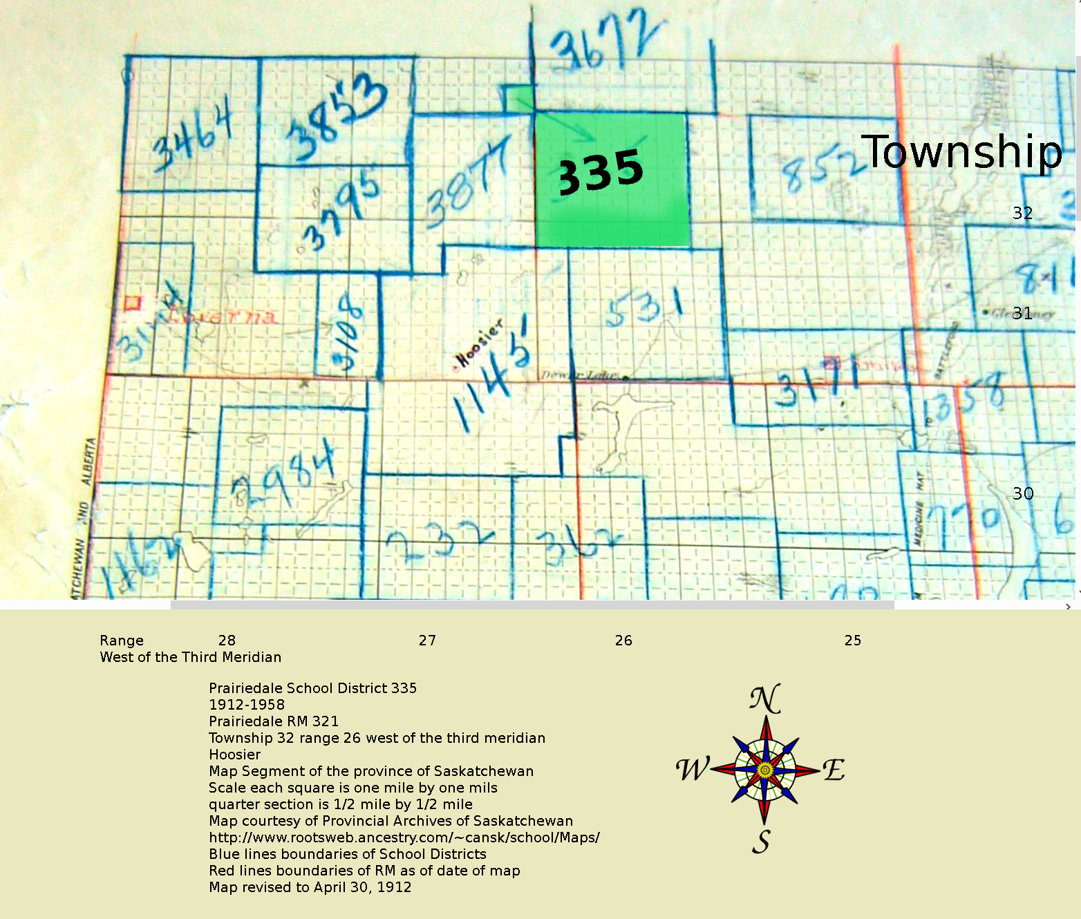 Prairiedale  school district 335 - RM 321-322 Map, , 1912-1958, Prairiedale Rural Municipality 321 Tsp 32 Rge 26 W3,  Saskatchewan, 