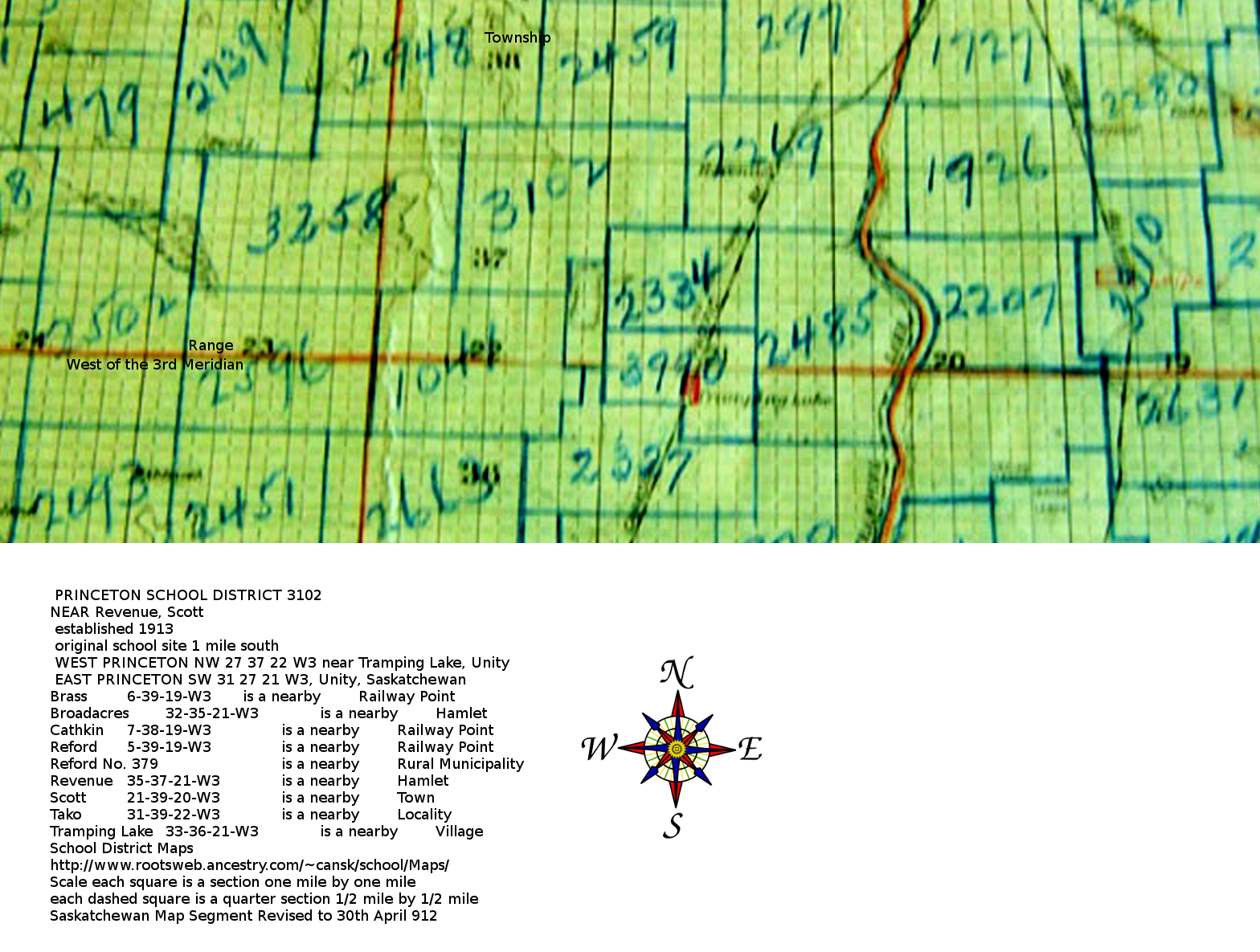   PRINCETON SCHOOL DISTRICT 3102, NEAR Revenue, Scott, established 1913, original school site 1 mile south, WEST PRINCETON NW 27 37 22 W3 Tramping Lake, Unity, EAST PRINCETON SW 31 27 21 W3, Unity, Saskatchewan,  