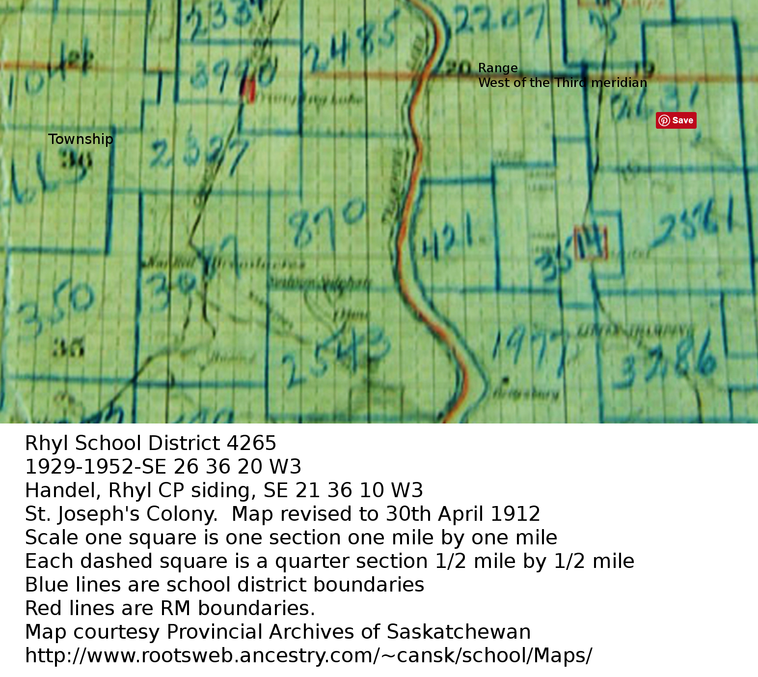  Rhyl School District 4265, 1929-1952-SE 26 36 20 W3, Handel, Rhyl CP siding, SE 21 36 10 W3, St. Joseph's Colony, Saskatchewan,  