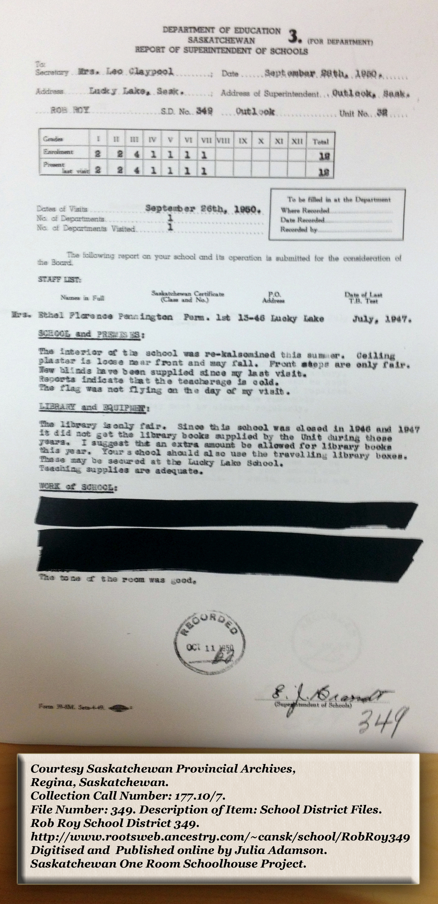 Rob Roy School District 349, South East quarter Section 33 Township 23 range 10 west of the third meridian, near Lucky Lake, 1911, Lucky Lake Village South West quarter of section 25 township 23 range 9 west of the third meridian, Lucky Lake is near Outlook, Saskatchewan, - Saskatchewan Gen Web - Saskatchewan One room School Project