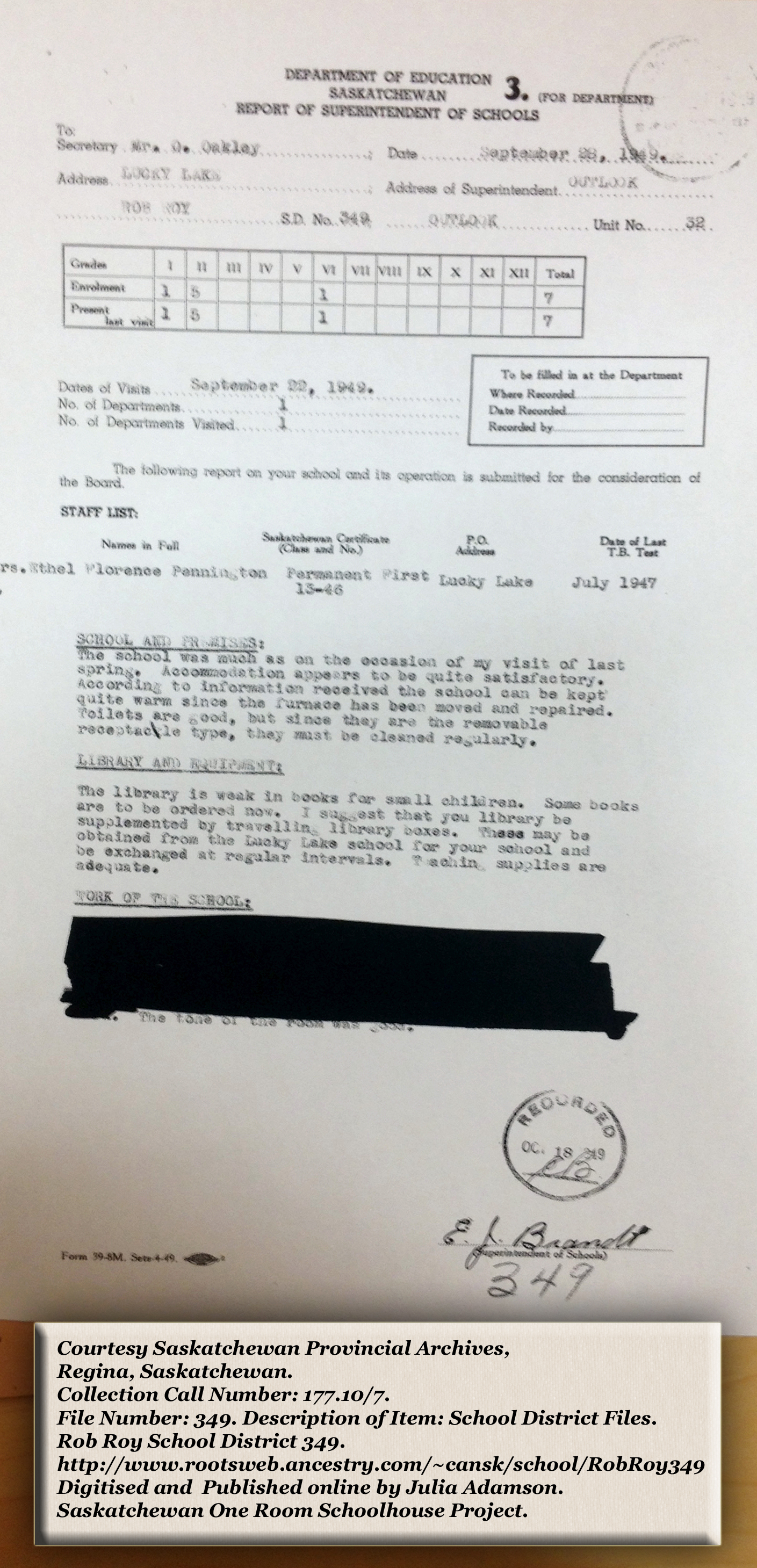Rob Roy School District 349, South East quarter Section 33 Township 23 range 10 west of the third meridian, near Lucky Lake, 1911, Lucky Lake Village South West quarter of section 25 township 23 range 9 west of the third meridian, Lucky Lake is near Outlook, Saskatchewan, - Saskatchewan Gen Web - Saskatchewan One room School Project