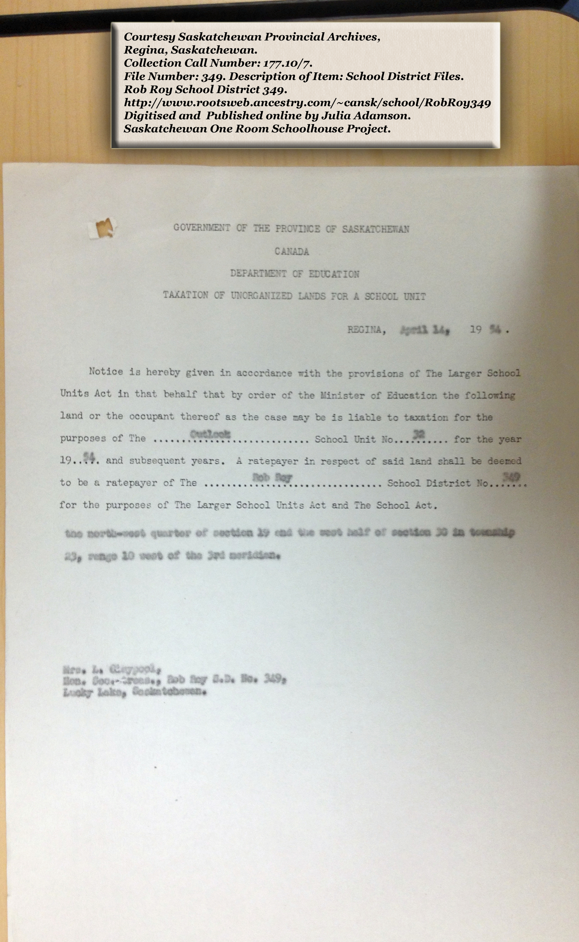 Rob Roy School District 349, South East quarter Section 33 Township 23 range 10 west of the third meridian, near Lucky Lake, 1911, Lucky Lake Village South West quarter of section 25 township 23 range 9 west of the third meridian, Lucky Lake is near Outlook, Saskatchewan, - Saskatchewan Gen Web - Saskatchewan One room School Project