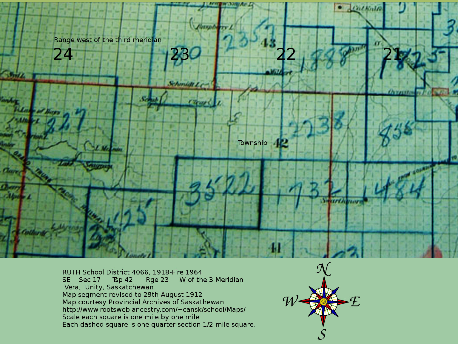  RUTH School District 4066, 1918-Fire 1964,  		SE 	Sec 17 	Tsp 42 	Rge 23 	W of the 3 Meridian 	 Vera,  Unity Saskatchewan,  