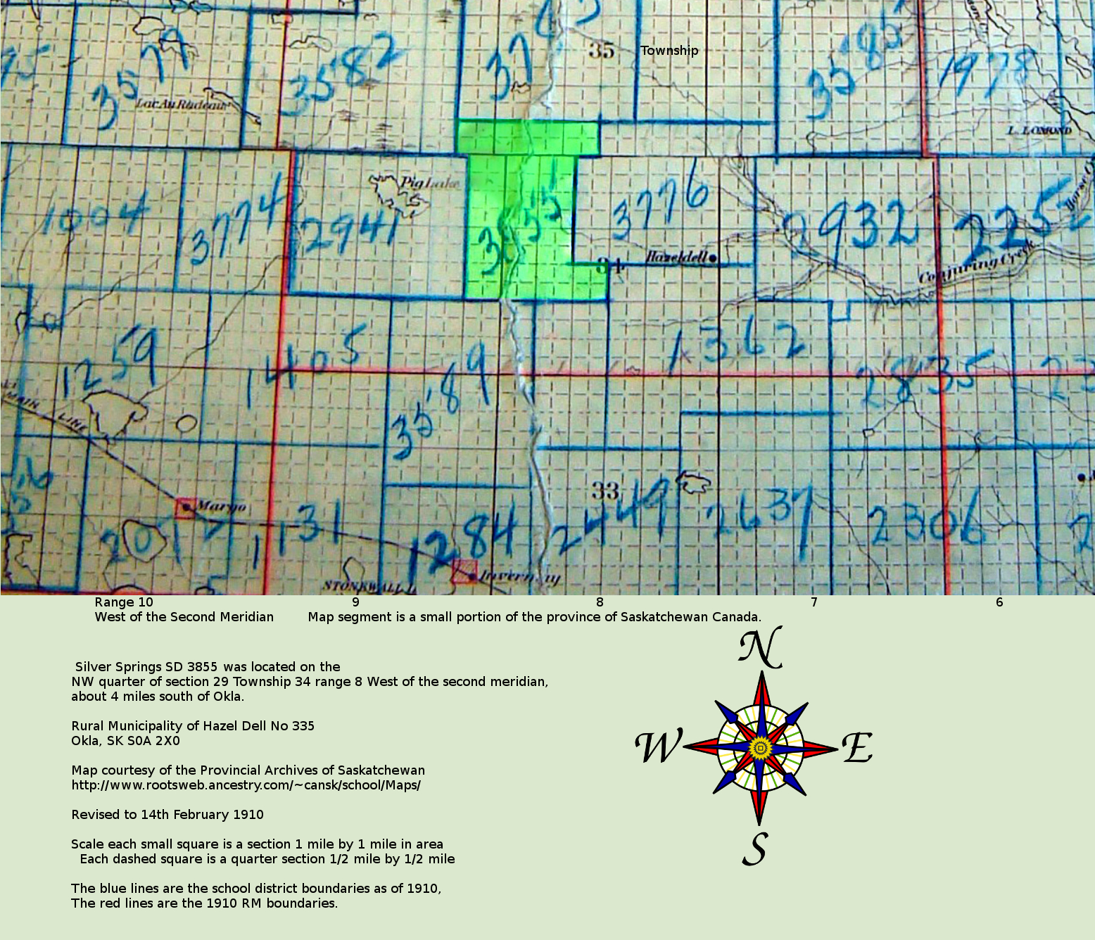 Map of Silver Springs School District 3855  , NW quarter of section 29 Township 34 range 8 West of the second meridian, near	Okla, Saskatchewan One Room School Project  Saskatchewan, Canada