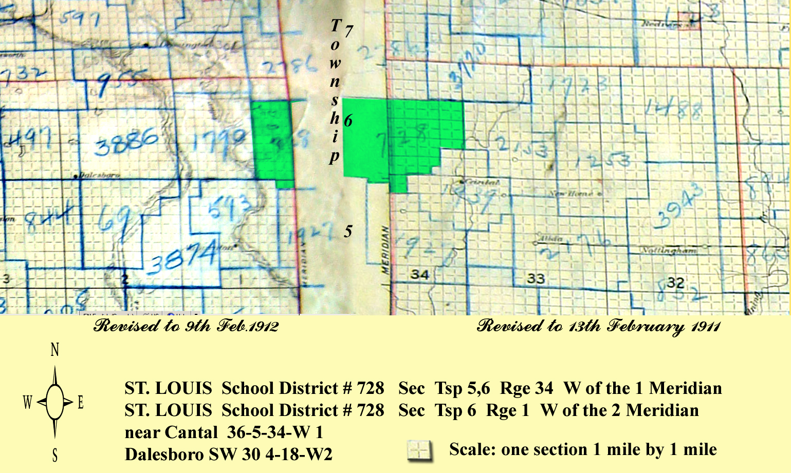  ST. LOUIS 	School District # 728 		Sec 	Tsp 5,6 	Rge 34 	W of the 1 Meridian  ST. LOUIS 	School District # 728 		Sec 	Tsp 6 	Rge 1 	W of the 2 Meridian near Alida, Cantal, Nottingham, Redvers, Alameda, New Home, Dalesboro in the province of Saskatchewan