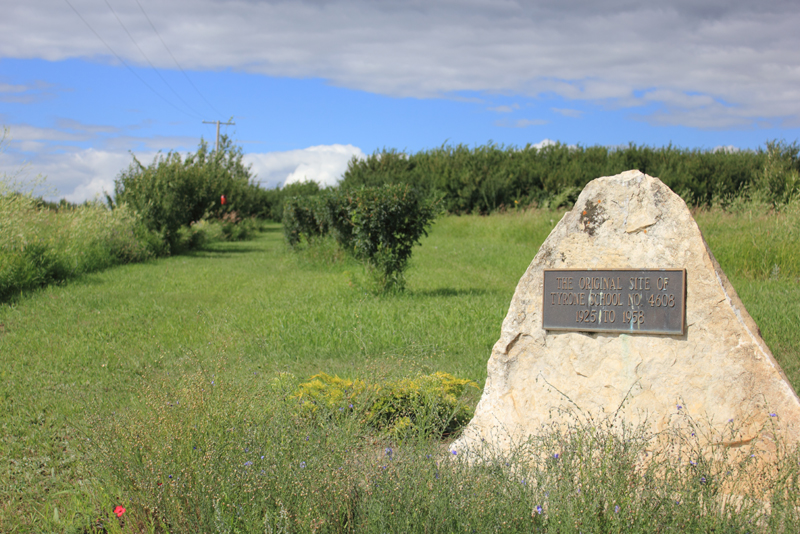 Tyrone School District 4608, 1925-1958, Wilton Rural Municipality 472, 9.8 kilometers  to Trans Canada Highway 16 west, 9.8 kilometers to Saskatchewan highway 675, Township road 474, Range road 326, Southwest section 26 Township 47 range 26 West of the third meridian, near Lashburn, 