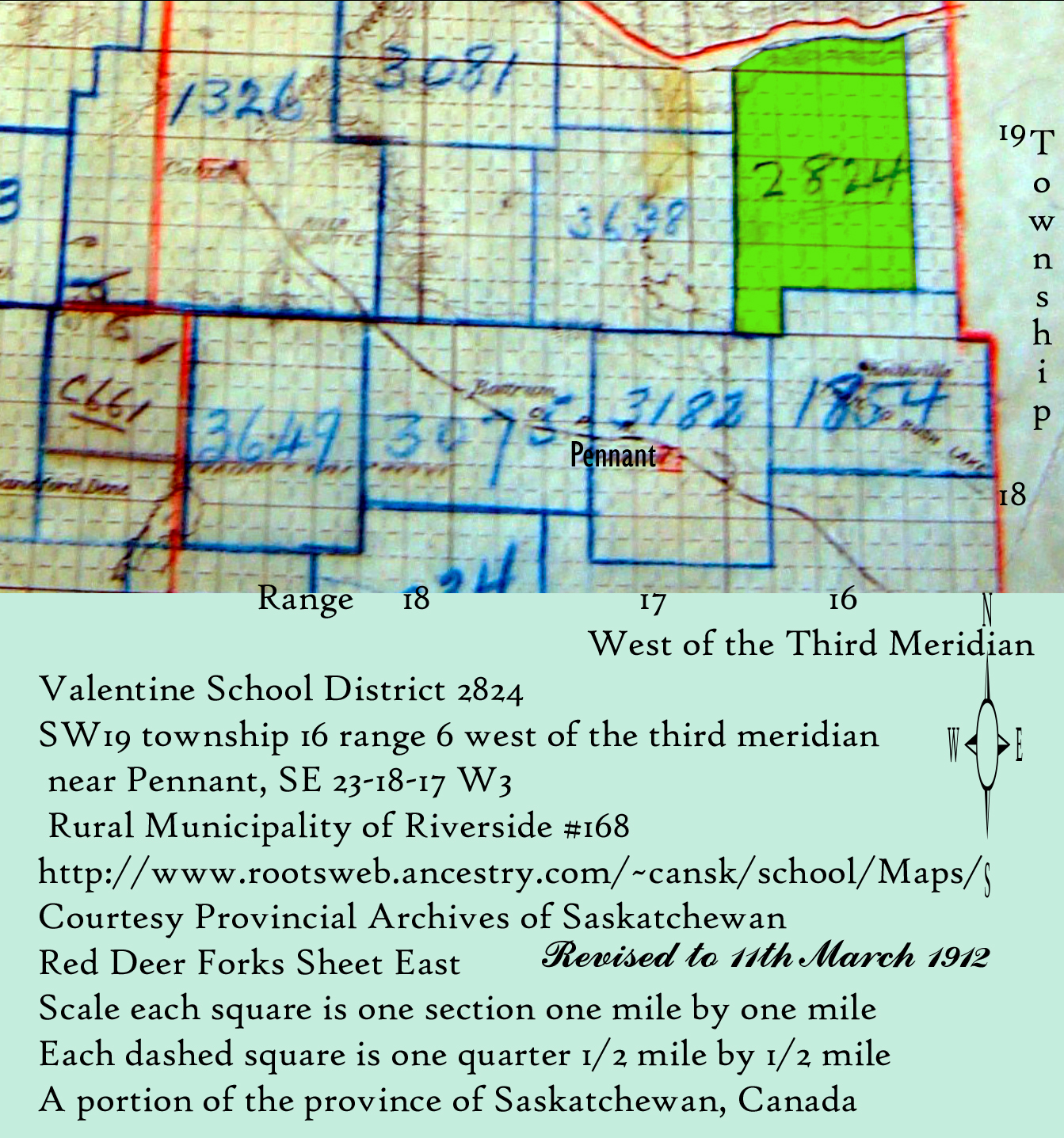 Valentine School District 2824, South west quarter of section 22 township 19 range 16 west of the third meridian, near Pennant, SE 23-18-17 W3, Rural Municipality of Riverside #168,