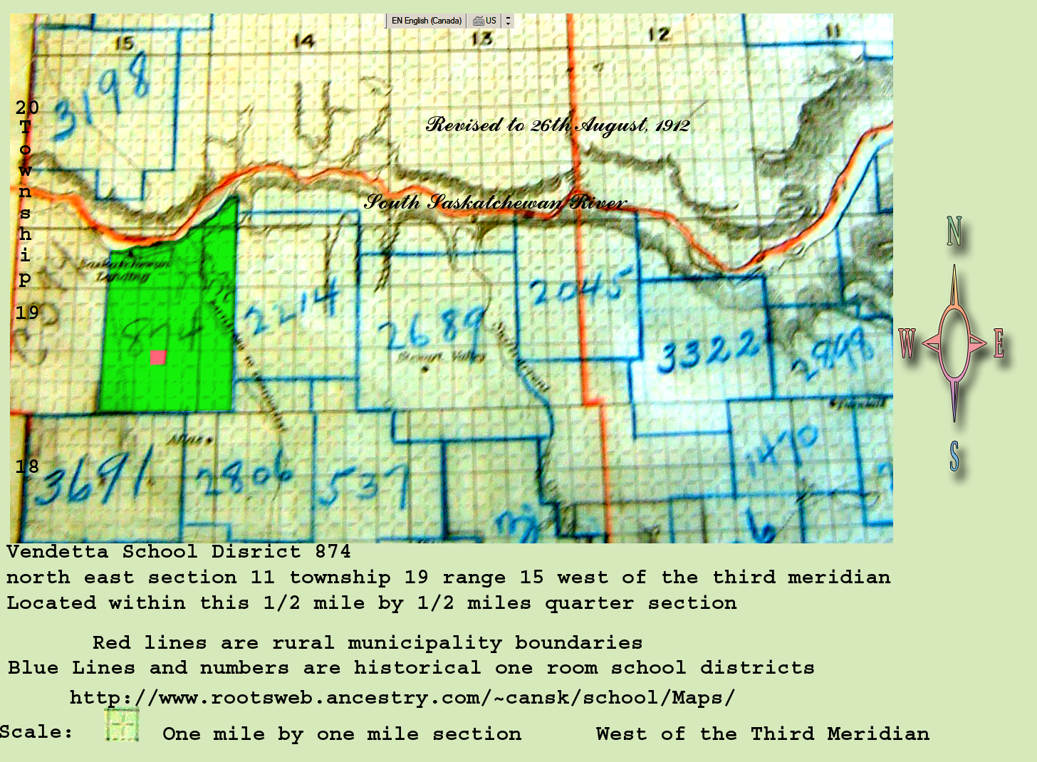 Vendetta School District 874, 1915-1958, north east section 11 township 19 range 15 west of the third meridian, near Stewart Valley, north east section 12 township 19 range 14 west of the third meridian, near Swift Current,  