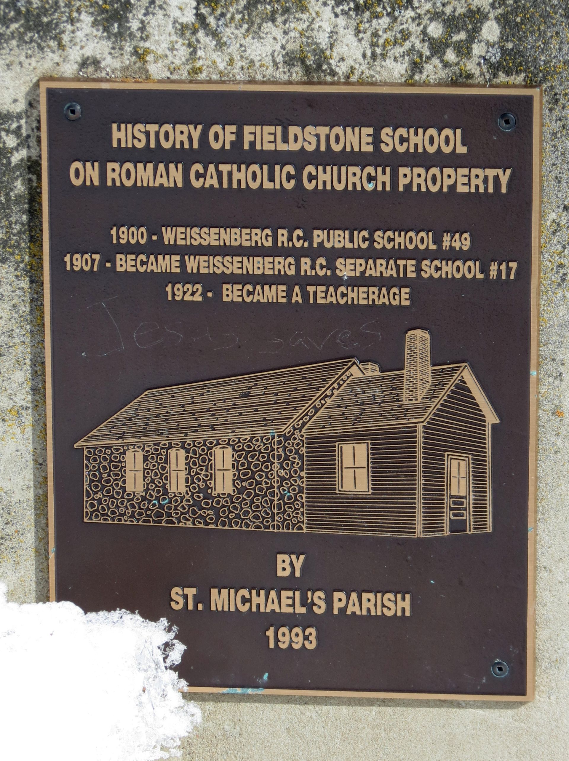 Weissenberg PublicRoman Catholic School 49, 1900-1906, Weissenberg Roman Catholic Separate School 17, 1907-1921, Weissenberg School, 1900-1921,  north west section 15 township 20 Range 9 west of the second meridian, Plaque is on steps of St Michael's Roman Catholic Church, East of Lemberg, south section 21 township 20 range 9 west of the second meridian,   