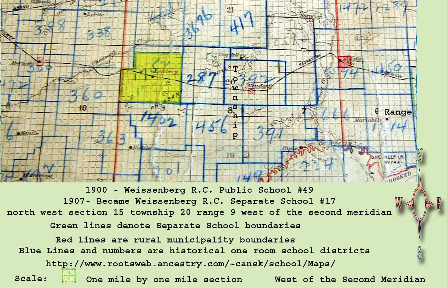 Weissenberg PublicRoman Catholic School 49, 1900-1906, Weissenberg Roman Catholic Separate School 17, 1907-1921, Weissenberg School, 1900-1921,  north west section 15 township 20 Range 9 west of the second meridian, Plaque is on steps of St Michael's Roman Catholic Church, East of Lemberg, south section 21 township 20 range 9 west of the second meridian,   