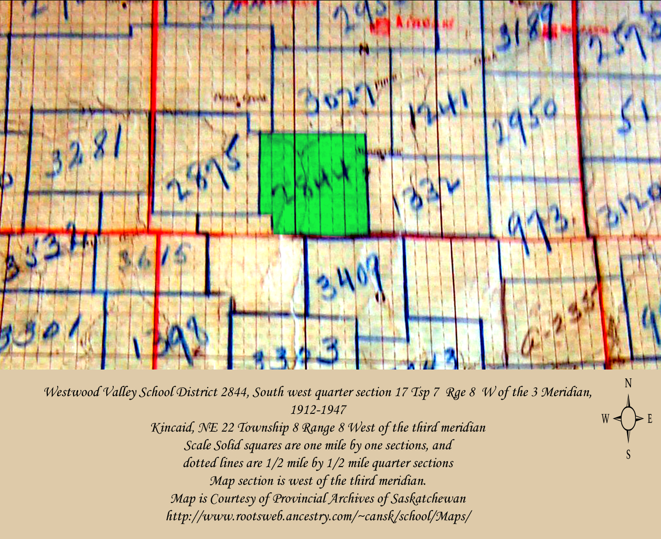 Westwood Valley School District 2844, South west quarter section 17 Tsp 7 	Rge 8 	W of the 3 Meridian, 1912-1947, Kincaid, NE 22 Township 8 Range 8 West of the third meridian,   CA,  