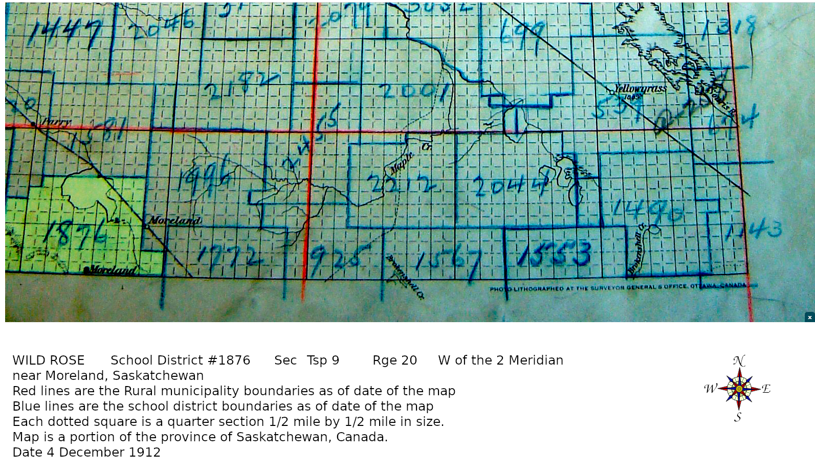 WILD ROSE	School District CENTRAL SCHOOL,	SW	Sec14	Tsp50	Rge2	Wof the 3,Meridian	6958,	Wild Rose,	Wild Rose, Wilde Rose One Room School House 1876 townshi 9 range 20 west of the second meridian, Mreland, Saskatchewan    - Saskatchewan Gen Web