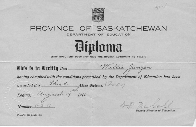 William Eldon Janzen, DDS (1896-1977), Contracts andTeaching Certificates Saskatchewan one room schoolhouses.   