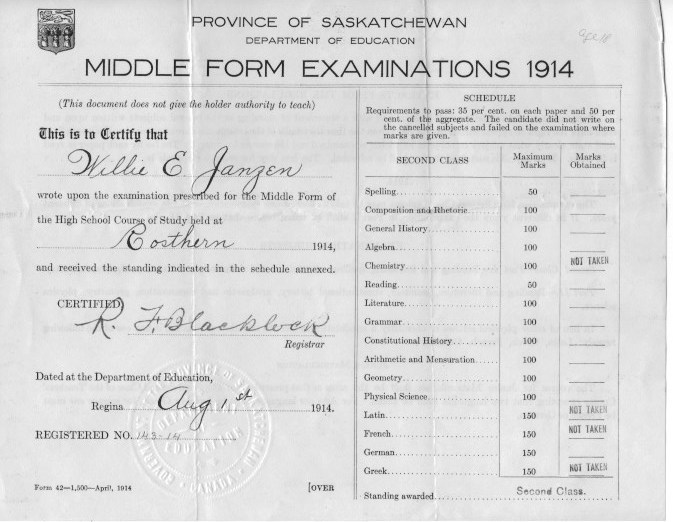 William Eldon Janzen, DDS (1896-1977), Contracts andTeaching Certificates Saskatchewan one room schoolhouses.   