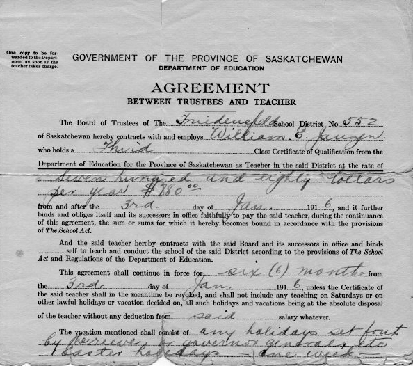 William Eldon Janzen, DDS (1896-1977), Contracts andTeaching Certificates Saskatchewan one room schoolhouses.   