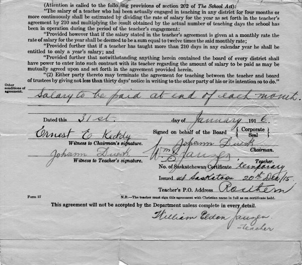 William Eldon Janzen, DDS (1896-1977), Contracts andTeaching Certificates Saskatchewan one room schoolhouses.   