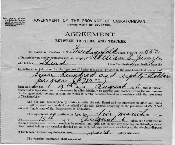 William Eldon Janzen, DDS (1896-1977), Contracts andTeaching Certificates Saskatchewan one room schoolhouses.   