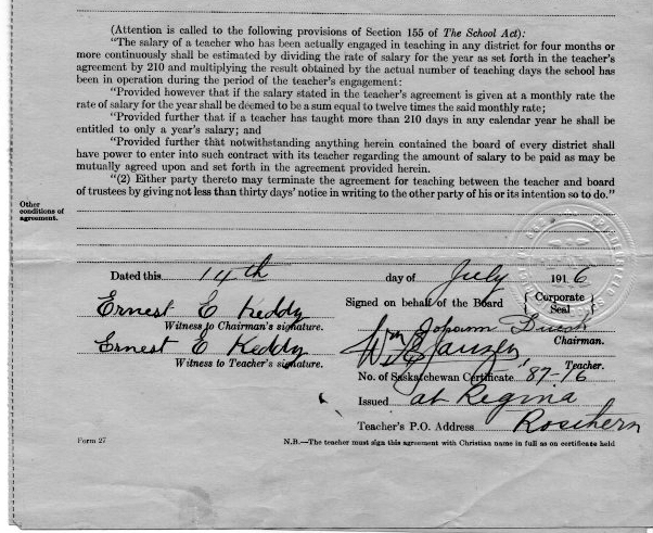 William Eldon Janzen, DDS (1896-1977), Contracts andTeaching Certificates Saskatchewan one room schoolhouses.   