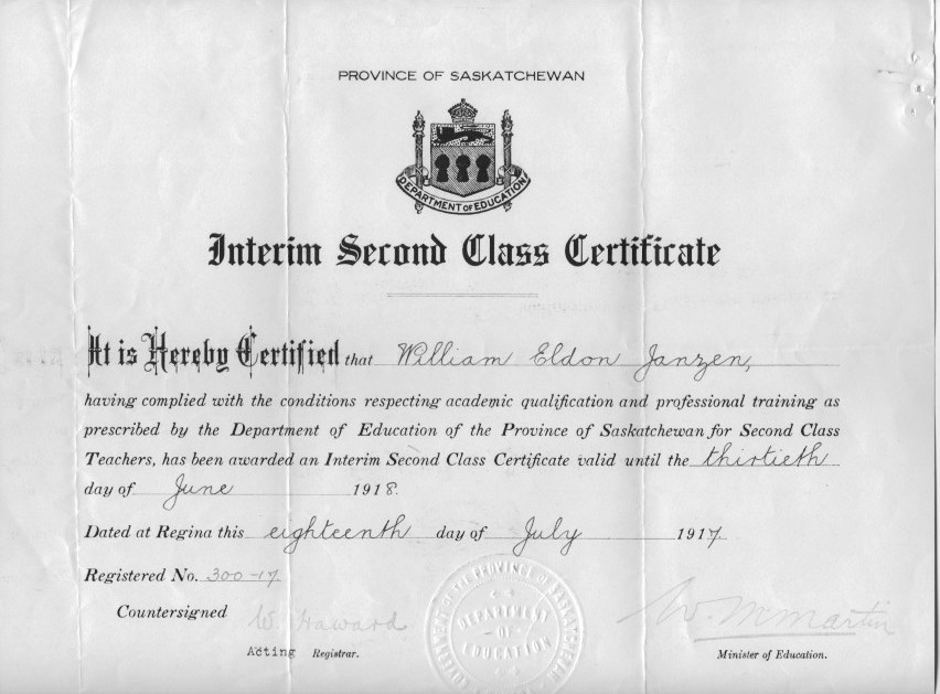 William Eldon Janzen, DDS (1896-1977), Contracts andTeaching Certificates Saskatchewan one room schoolhouses.   