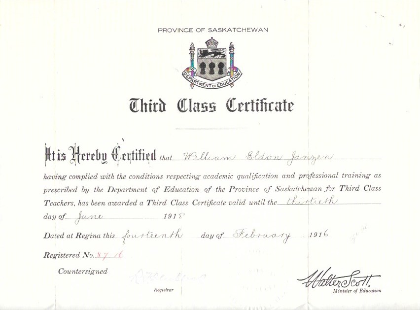 William Eldon Janzen, DDS (1896-1977), Contracts andTeaching Certificates Saskatchewan one room schoolhouses.   