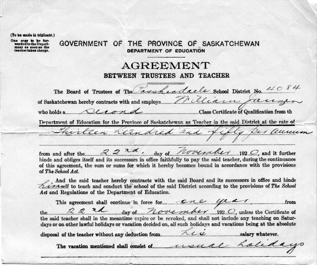 William Eldon Janzen, DDS (1896-1977), Contracts andTeaching Certificates Saskatchewan one room schoolhouses.   