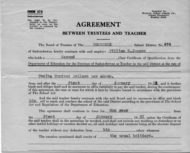 William Eldon Janzen, DDS (1896-1977), Contracts andTeaching Certificates Saskatchewan one room schoolhouses.   